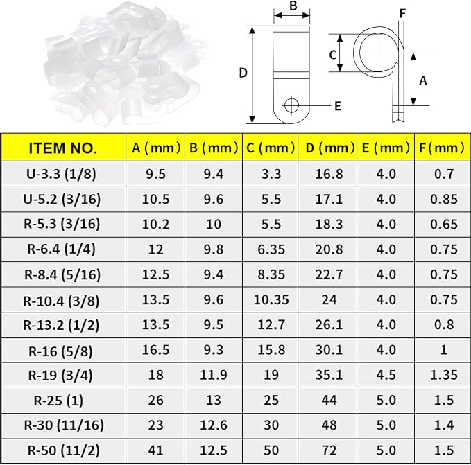 200Pcs White Nylon R-Type Cable Clamps, 3/16" Wire Clips | Nylon durable material, R-Type cable fixing clips, Ideal for household wire management, Office Cable Management - Image 2
