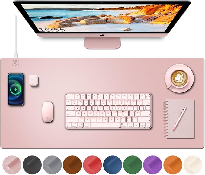 Desk Mat with Wireless Charging, Pink Mouse Pad with Wireless Charger, Desk Pad Matt for Desktop, Mousepad Gaming Large Mouse Pad, Leather Compute for Keyboard and Mouse, 32" x 16" by HopeLum