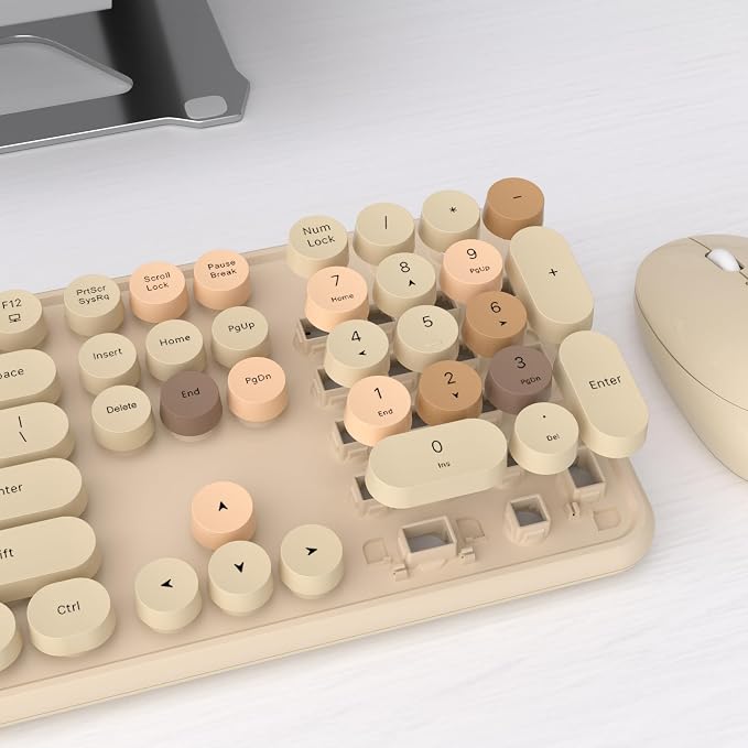 UBOTIE Colorful Wireless Keyboard and Mouse Combo (Milk Tea-Colorful) | Retro Typewriter Floating Full-Sized Keys Computer Keyboard with Optical Mouse, 2.4GHz USB Connection for Windows Mac - Image 3