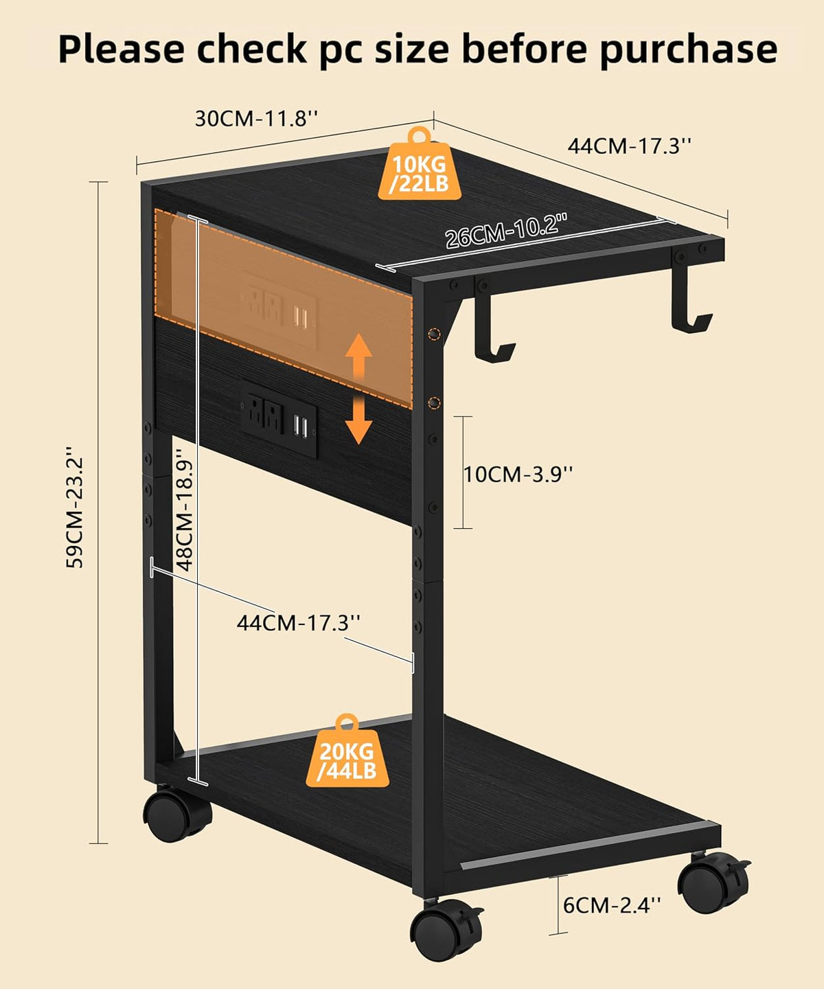 2 Tier Computer Tower Stand with Charging Station, 11.8" D x 16.5" W Rolling Floor PC Tower Stand Fits Under Desk, CPU Holder Cart for Carpet with Hooks, Home Office - Image 2