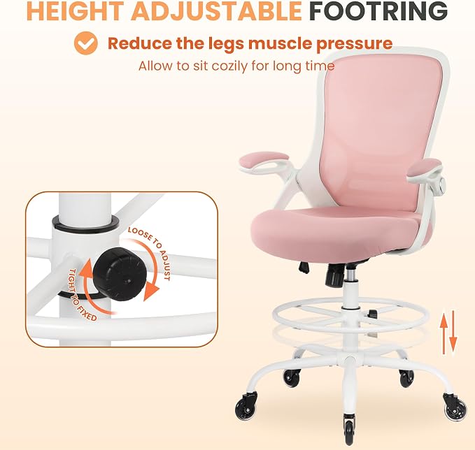 Drafting Chair Tall Office, Ergonomic Standing Desk Stool Adjustable Big and Tall Drafting Office Chair with Flip-Up Armrests, Mesh, Pink - Image 5