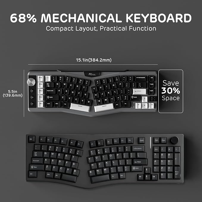 RK ROYAL KLUDGE A72 Alice Ergonomic Wireless Mechanical Keyboard,Split Ergo | Gasket RGB Gaming Keyboard w/Knob/Macro Keys/Touchable Nameplate, BT/2.4GHz/USB-C, 5-Layer Noise Dampening, Win/Mac Software - Image 5