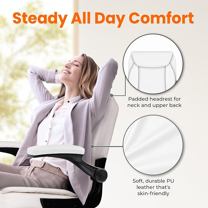 NEO CHAIR PU Leather Office Desk Chair with Adjustable Arms, White | Ergonomic Mid Back Computer Desk Chair Comfy with Wheels Swivel Rolling for Home Office Gaming Study - Image 4