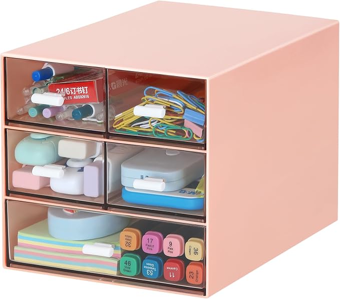 Desk Organizer with 5 Drawers, Rectangular Office Stationery Supplies Desktop Drawers, Plastic Makeup Storage, Suitable for Office, School, Home (Pink & 5 Drawers) by LETURE
