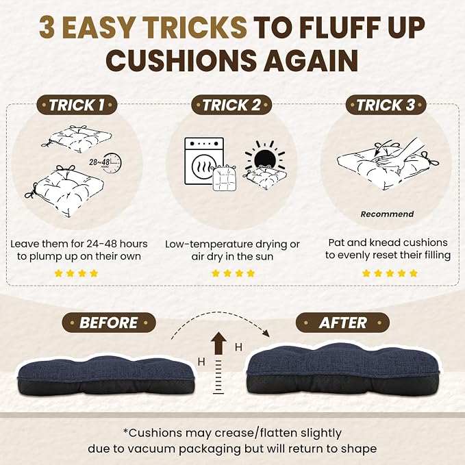downluxe Indoor Chair Cushions for Dining Chairs, Tufted Overstuffed Textured Foam Kitchen Chair Pads with Ties and Non-Slip Backing, 15.5" x 15.5" x 4", Navy, 4 Pack - Image 7
