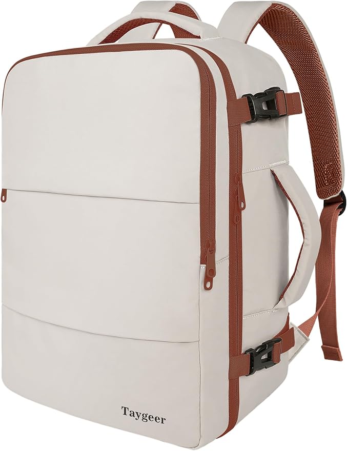 Taygeer Backpack for Women, College Backpack with Laptop Compartment | Travel Laptop Mochila Carry On Luggage with Shoe Pouch, Airline Approved Personal Item Bag For Weekender Hiking, Khaki White by Taygeer