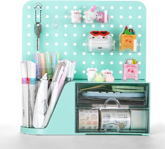 Comix Desk Organizer with 2 Drawer, Green 360° Rotating Pen Holder for Desk | Desk Organizers and Accessories with 5 Slots Pencil Holder+Pegboard+Drawer, Pen Organizer for Home School Art Office Supplies - Image 7