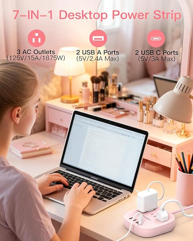 Cruise Ship Travel Essentials, 22.5W/4.5A Flat Plug Power Strip, Pink | 3 Outlets 4 USB Ports (2 USB C),Power Strip No Surge Protection for Cruise Ship, Home Office Dorm Room Travel Essentials - Image 2