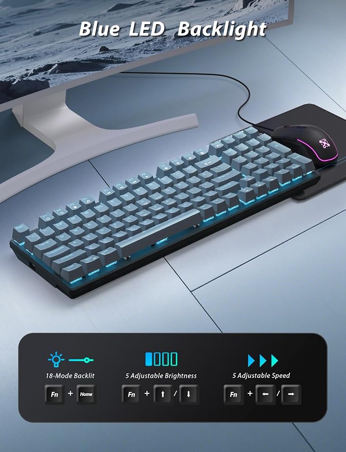 Mechanical Gaming Keyboard and Mouse, LED Backlit 98-Key Floating Keycap & 4 DPI RGB Gaming Mouse with Mouse Pad, Full Anti-Ghost Light Up Wired Computer Keyboards for MAC PC Gamer Accessories, Gray - Image 3