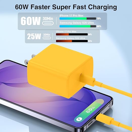 60W USB C Quick Wall Charger Block for Galaxy S26 Android Phones, 3Pack Super Fast Charger Adapter with Bulk 3/6/10FT Long USB C Charging Cable Cords for Samsung Galaxy S26+/S25/S24/S23 Ultra - Image 2