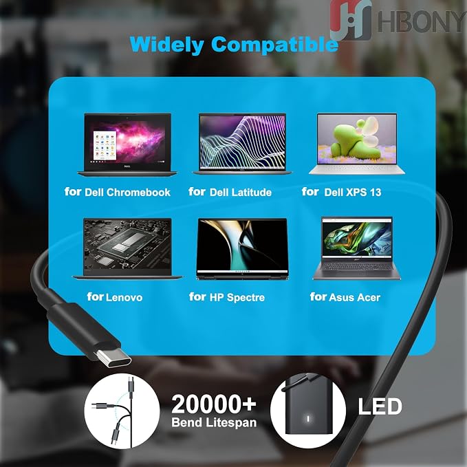 HBONY 65W USB Type C Charger Compatible with Dell Laptop Latitude 5540 5440 7440 5450 e5430 5430 5530 7430 3450 5550 5350 7450 5420 7420 5520 e5440 Power Cord, XPS 13 Computer AC Adapter - Image 2