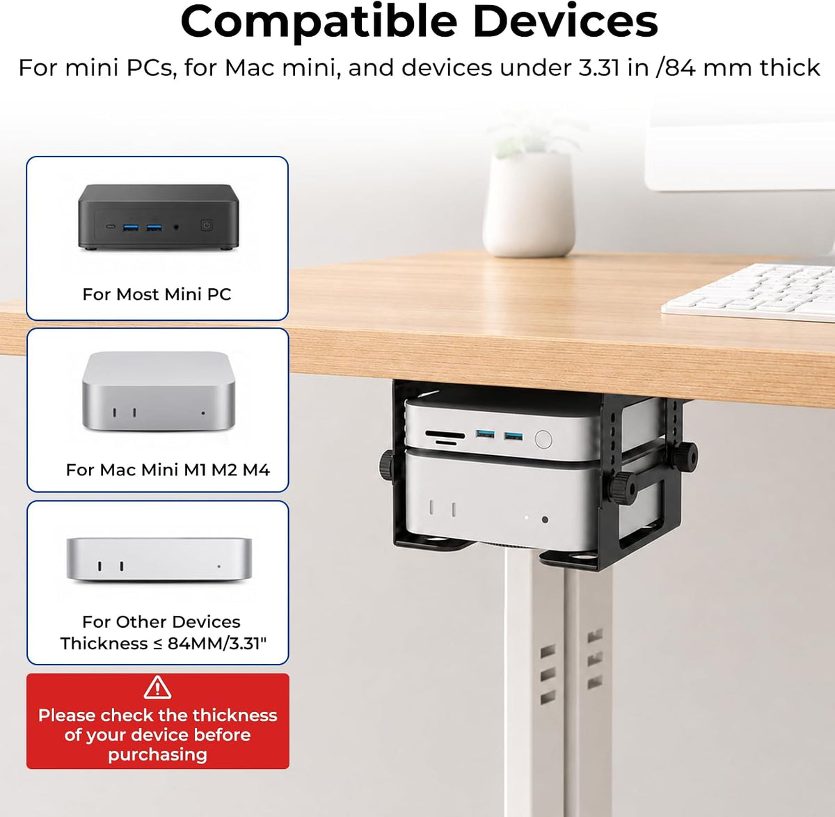 Adjustable Under Desk Mount for Mini PC Under Desk Holder for Mac Mini, Business Mini Desktop Computers 5-level Adjustable Height from 2.13–3.31 in Mini CPU Mounting Bracket with Screws and Cable Ties - Image 2