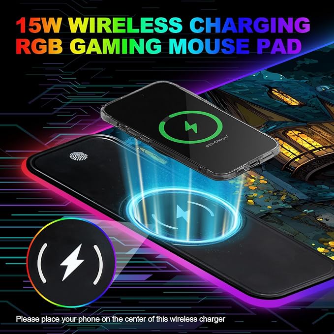 Wireless Charging RGB Gaming Mouse Pad, 31.5 x 11.8 Inch Extended Mouse Mat with Fantasy Castle & Rose Design, LED Desk Pad with 7 Lighting Modes, Non-Slip Base for Gaming & Office - Image 6