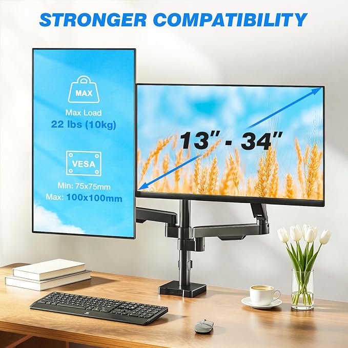 Rfiver Dual Monitor Stand Desk Mount for 17-34" Screens Holds up to 22lbs | Full Motion Height Adjustable, Tilt/Swivel, 360 Rotation VESA 75/100mm, Compatible C-clamp/Grommet Base Install - Image 5
