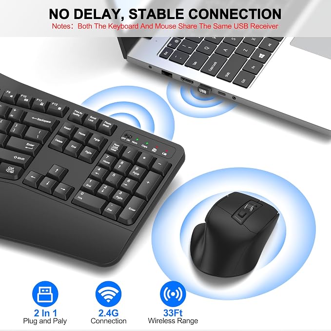 Wireless Keyboard and Mouse Combo, 2.4G Ergonomic Wave Keys(Graphite) | Full Size Wave Keyboard with Wrist Rest, 3-Level DPI Adjustable Ergonomic Mouse for Windows and Mac OS Desktop/Laptop/PC - Image 5