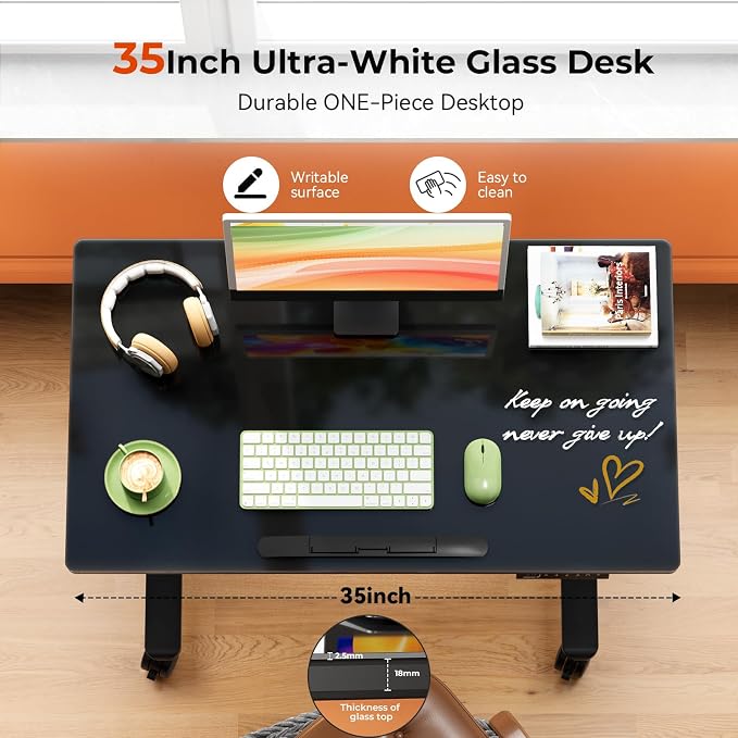 35" Black Glass Standing Desk, 90° Tilt Drafting Table on Wheels | Electric Height Adjustable Foldable One-piece Art Rising Desk, Small Mobile Sit Stand Laptop Cart with 4 Lockable Casters - Image 4
