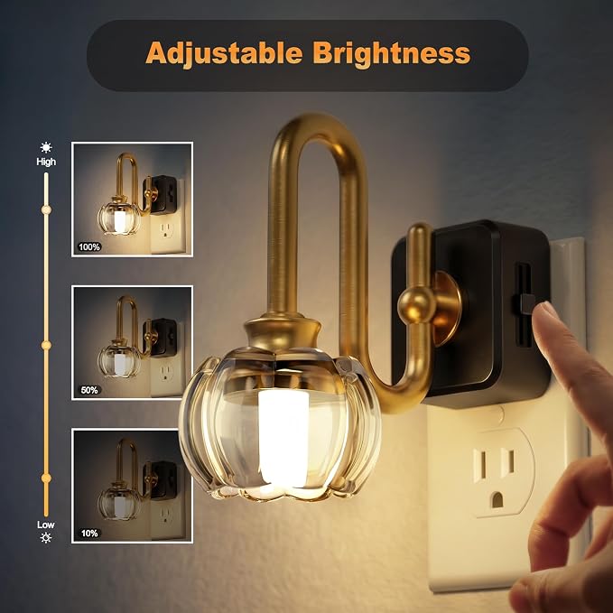 JandCase Night Light, Night Lights Plug into Wall, Glass LED Nightlight | 0-100 LM Dimmable Flower Nightlights, Dusk to Dawn Sensor, 1W Vintage Pumpkin Nite Light for Bathroom Hallway Decor, 2 Pack - Image 3