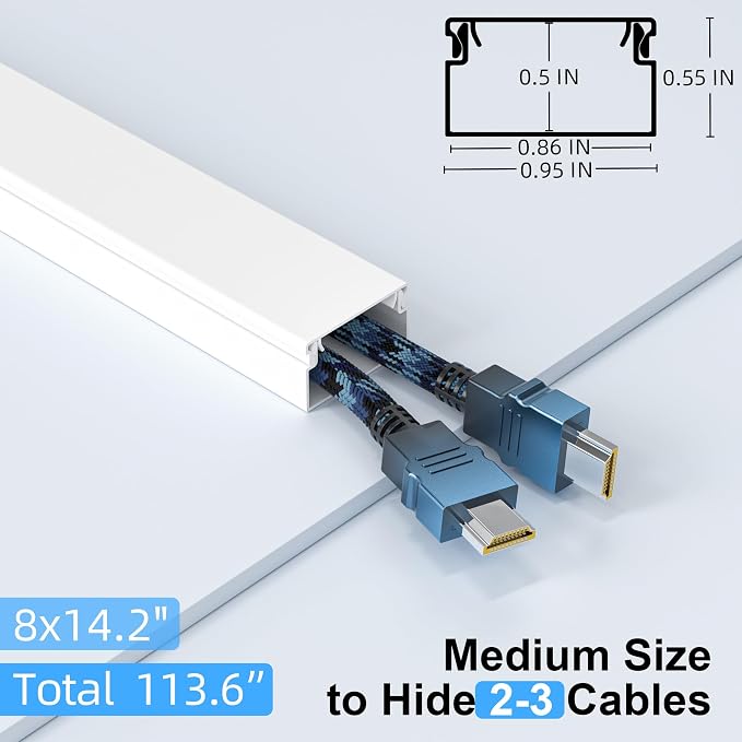 Delamu Cord Hider for Wall Mounted TV, 113.6in Paintable Cable Cover System, Self-Adhesive Cable Management Raceway Kit Hides 2-3 Wires, Baseboard Wire Hider Easy Installation, W 0.95 H 0.55in, White - Image 2