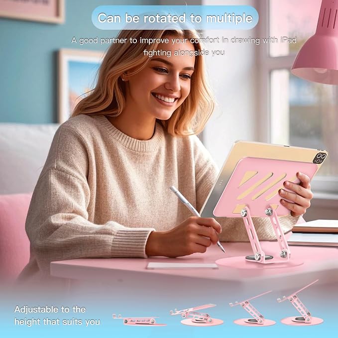 360° Rotating Tablet Stand - Pink |Adjustable Dual Rotary Shaft,Folding Design | Fits iPads & Tablets Up to 13" | Ideal for Work,Painting,Office,Travel,Home - Image 6