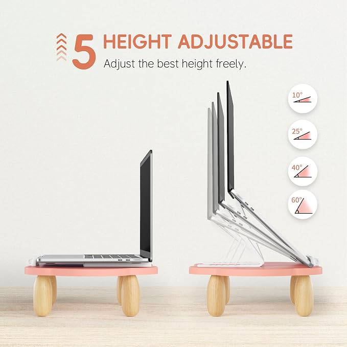 AFOOYO Adjustable Wood Laptop Stand, Ergonomic Height Angles Computer Stand, Cloud-Shaped Holder Riser Notebook Stand for Desk Compatible with Air, Pro, Dell, HP, Lenovo More 10-17.3" Laptops, Pink - Image 3