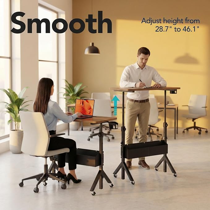 HUANUO Mobile Standing Desk with Wheels and Storage Basket, Height Adjustable 28.7"-46.1" Rolling Desk for Walking Pad, Small Space Laptop Computer Workstation for Home Office - Image 4