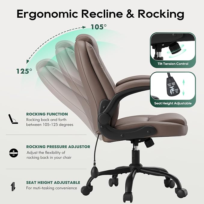 MALOL Leather Office Chair with Adjustable Lumbar Support Set of 2, Brown | Computer Desk Chair with Thick Cushion, Flip-Up Arms and Ergonomic Back, Comfy Executive Office Chair for Home Office Gaming - Image 7