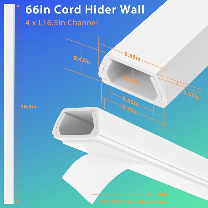66in White Wire Covers for Cords Kit, Wall Cord Hider, Cord Covers for Wires on Wall, TV Cable Hider Kit, Easy to Install Cable Management 4XL16.5 W0.86 H0.43in - Image 2