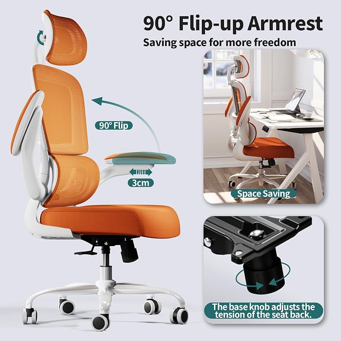 TRALT Office Chair Ergonomic Desk Chair - Gaming Chair with Lumbar Support | 330 LBS Home Office Desk Chairs with Headrest, Reading Chair with Flip-up Armrests, Comfortable Computer Chairs (1, Orange) - Image 5