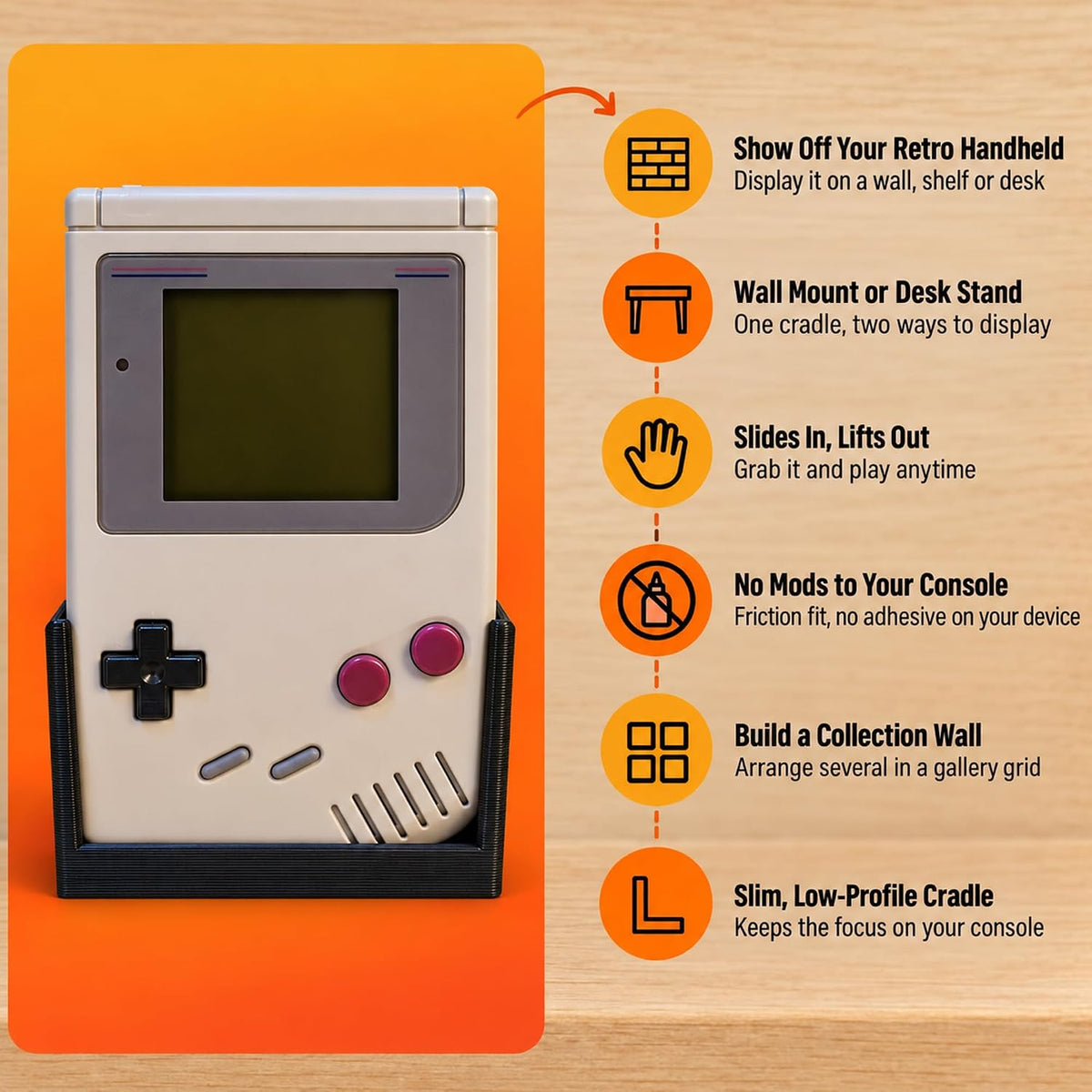SplashNColor Wall Mount for Game Boy – Display Stand Holder for Handheld Console | Friction Fit Cradle | No Screws Needed | Retro Gaming Collection Showcase for Shelves and - Image 7