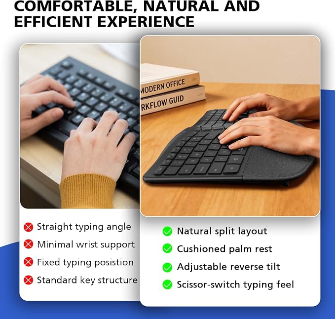 Micropack Split Ergonomic Keyboard Wireless, Multi Device Bluetooth & USB Receiver Connectivity, Rechargeable USB-C Silent Scissor Keys with Palm Support, Compatible with Mac PC Laptop Home Office - Image 5