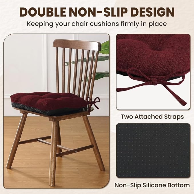 downluxe Indoor Chair Cushions for Dining Chairs, Tufted Overstuffed Textured Kitchen Chair Pads with Ties and Non-Slip Backing, 15.5" x 15.5" x 4", Burgundy, 4 Pack - Image 4