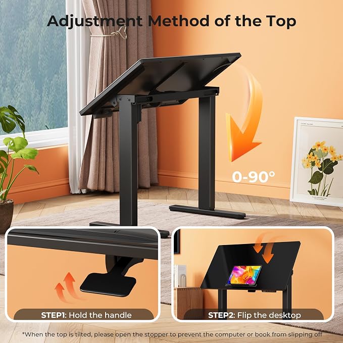 35" Black Glass Standing Desk, 90° Tilt Drafting Table on Wheels | Electric Height Adjustable Foldable One-piece Art Rising Desk, Small Mobile Sit Stand Laptop Cart with 4 Lockable Casters - Image 6