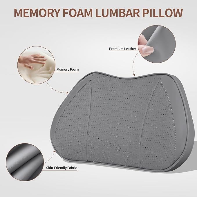 Car Lumbar Support Pillow for Driving Seat, Gray, 1 Pack | Leather Memory Foam Lumbar Cushion for Lower Back Pain Relief, Universal Back Support for Driving, Home & Office Chairs - Image 3