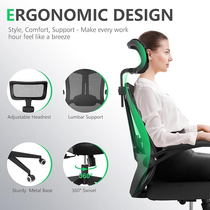 Office Chair (07Black, Chair) | 360° Swivel Adjustable Lumbar Support & Flip-Up Armrests capacity 300 lbs capacity - Image 4