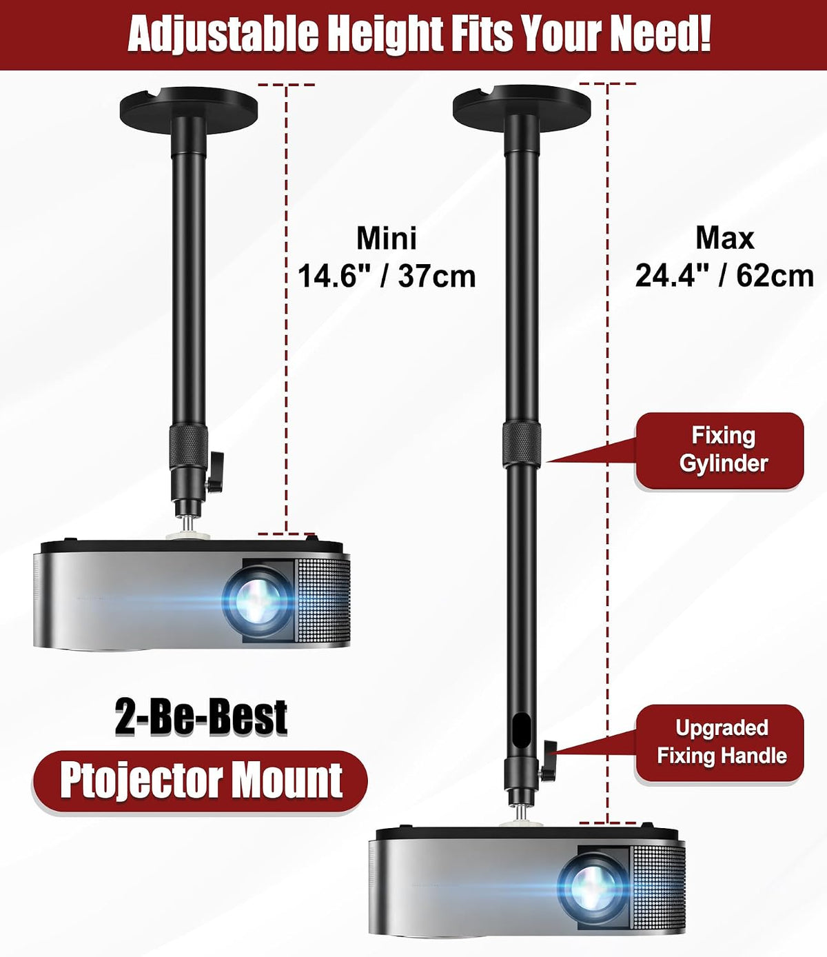 2-Be-Best Ceiling Projector Mount Bracket Adjustable Projector Mount Compatible with Aurzen, TMY, HAPPRUN, Yaber, & More (Black, 14-24“) - Image 2