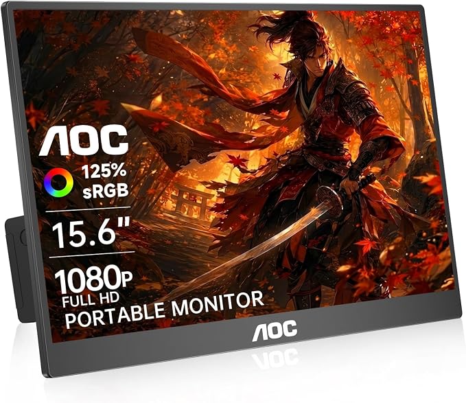 AOC Portable Monitor 15.6'' FHD 1080P IPS 125% sRGB, USB-C HDMI Travel Monitor for Laptop, Ultra Slim External Second Screen for Work, Gaming, Mac, PS5, Xbox, Switch with Speakers & HDR, Black by AOC