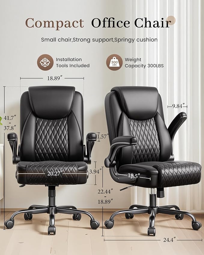 COMHOMA Mid-Back Office Chair, Ergonomic PU Desk Chair with Flip up Arms, Small Computer Gaming with Comfy Lumbar Support,Rocking Function,Sturdy Metal Base, Ink Black - Image 2