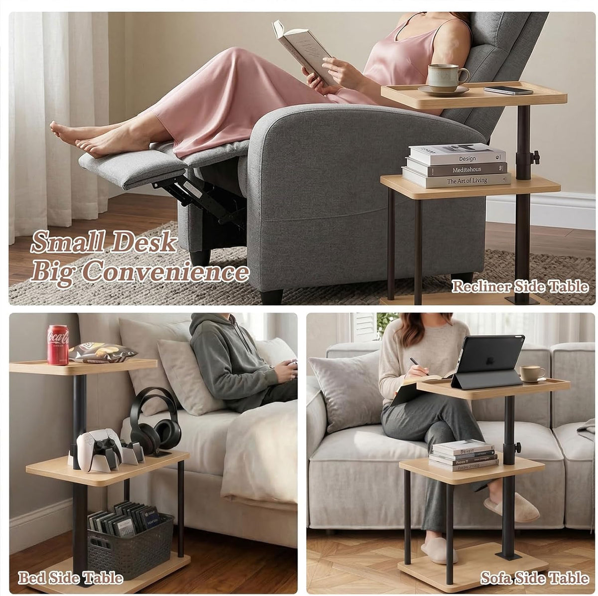 C Table End Table Adjustable Height, 360°Swivel TV Tray Table for Small Spaces, Small Nightstand for Living Room, Bedroom, Oak - Image 5