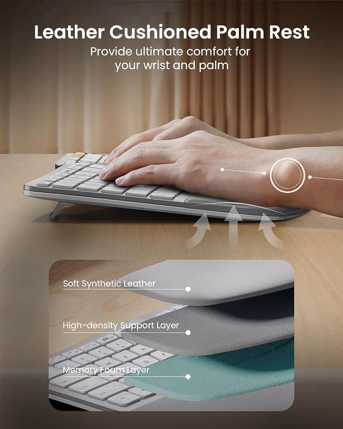 ProtoArc EK01 Plus Backlit Bluetooth Ergonomic Keyboard, White Silver | Adjustable brightness, split design, cushioned wrist rest, connect 3 devices via Bluetooth/2.4G, 2000mAh USB-C rechargeable. - Image 6