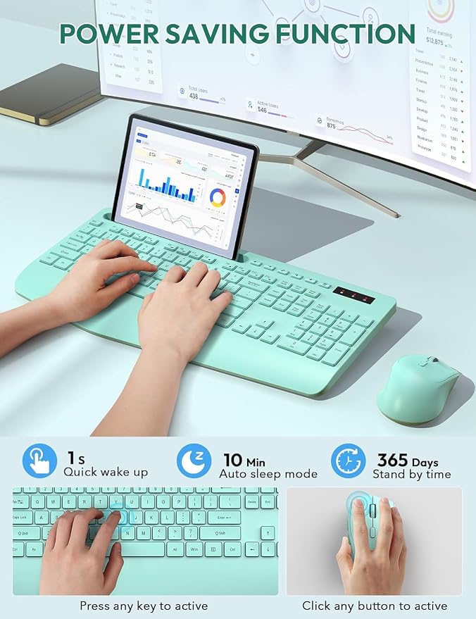 Wireless Keyboard and Mouse Combo, 2.4GHz, Ergonomic Wrist Rest | Full Size, 3-Level DPI, Phone Holder, Silent Typing, KM23D Batteries Powered Set for PC, Laptop, Windows, macOS (Mint Green) - Image 8