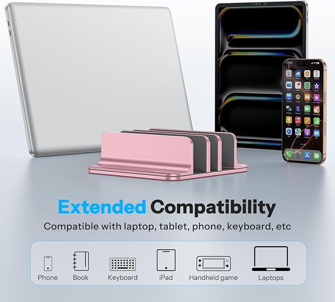 OMOTON 3-Slot Multiple Vertical Laptop Stand, Fits MacBook, Rosegold | Adjustable Width 0-1.38", Aluminum Office Space-Saving for Desk, Fits MacBook/Book/iPad Up to 17.3in - Image 6
