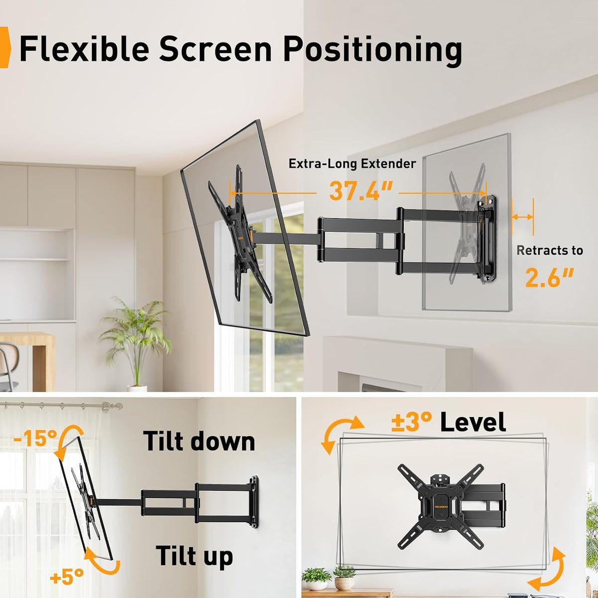 Perlegear Long Arm TV Wall Mount for 32-65″ TVs, 37.4” Long Extension - Image 5