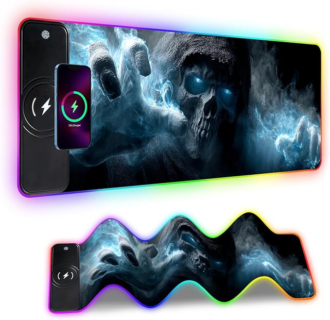 Wireless Charging RGB Gaming Mouse Pad, 31.5 x 11.8 Inch Extended Mouse Mat with Dark Skull Design, LED Desk Pad with 7 Lighting Modes, Non-Slip Base for Gaming & Office by THISFIND