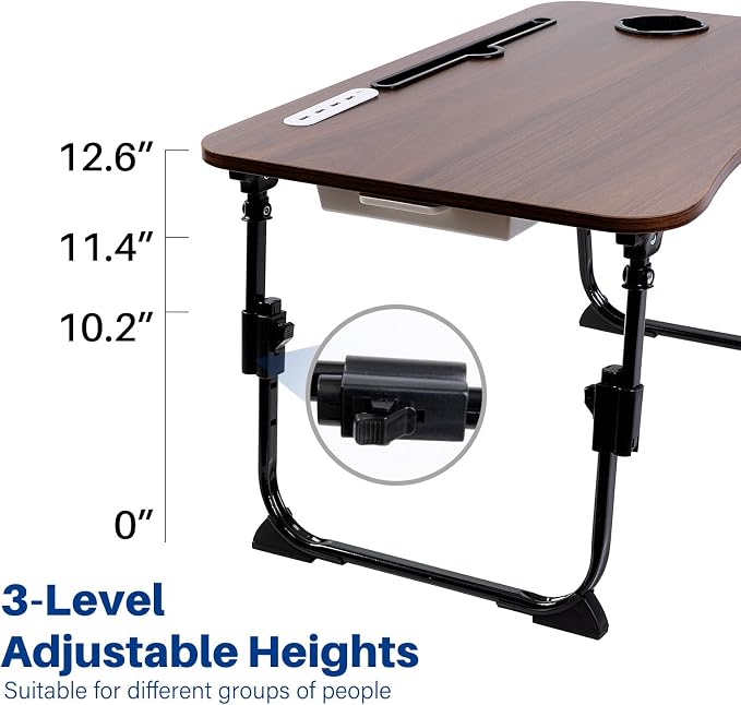 Laptop Desk for Bed, Height Adjustable Laptop Bed Table, Foldable Portable Lap Desk Stand with USB/Storage Drawer/Cup Holder/Slot, Breakfast Tray for Working Reading Writing Eating - Image 4