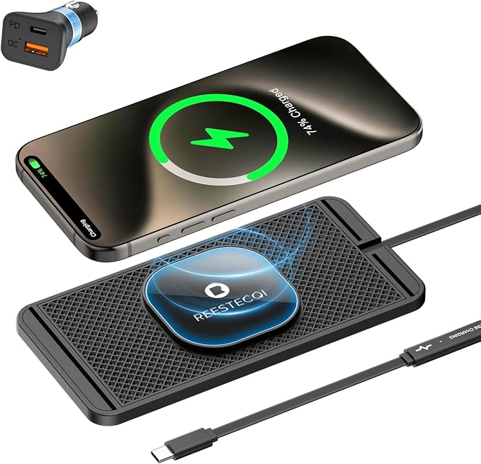 Magnetic Wireless Car Charger Pad, REESTECQI 15W Wireless Charging Pad for Magsafe Charger Non Slip Type C with 40W Car Charger for iPhone 17/16/15/14/13/12, Airpods (30CM Cable) by REESTECQI