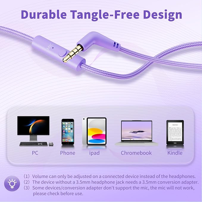 Botesty Sound Headphones Wired with Microphone, Over Ear Foldable 3.5mm Plug in Headphones with 4.9ft Tangle-Free Nylon Cord for Tablet, Laptop, MP3/4, School, Airplane Travel (Purple) - Image 6