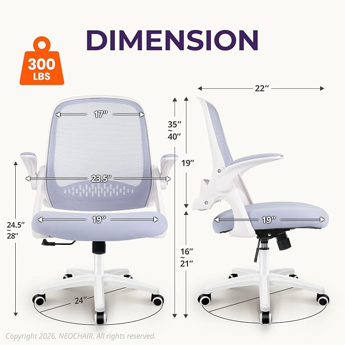 NEO CHAIR Office Desk Chair, Ergonomic Mesh with Flip-Up Armrests, Purple | Lumbar Support, Height Adjustment, 360° Swivel and Rolling Base, Space-Saving Design for Home Office, Vanity or Study - Image 2