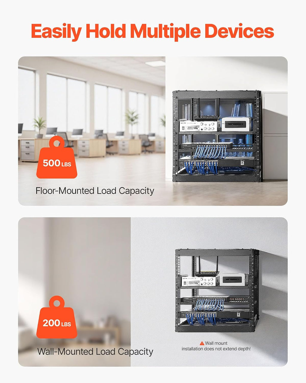 VEVOR 10U Open Frame Network Rack Server Rack, Wall Mounted or Floor Stand - Image 2