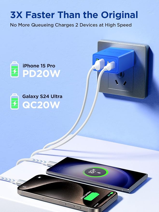 USB C Charger Block, 40W 4-Port Fast Charger 20W Type C Charging Block 3.1A USB Wall Charger Dual Port PD+QC Charging Cube for iPhone 16 15 14 13 12 Pro Max XS, iPad, Samsung Phone (Blue) - Image 3