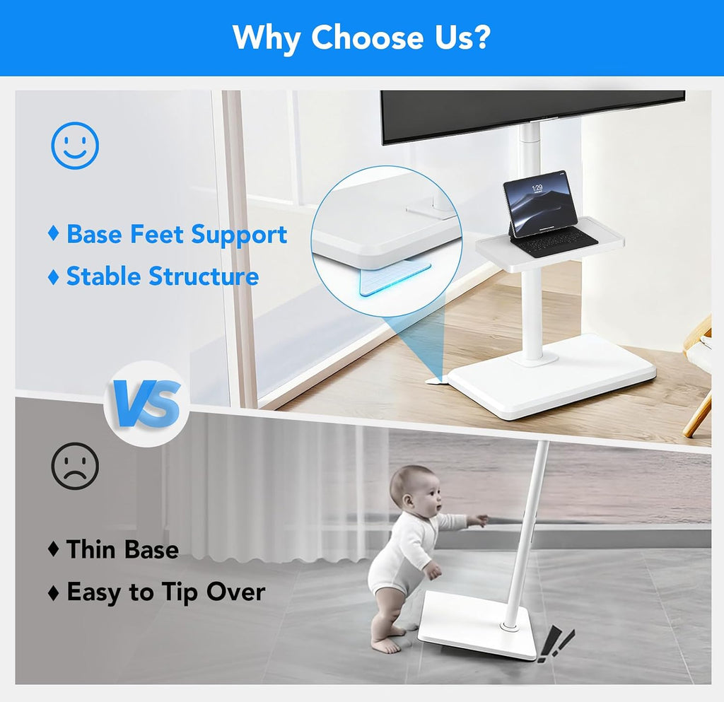 Floor TV Stand with Mount for 26-60 inch TVs up to 77 lbs, Height Adjustable Swivel Tilt TV Stand with Wood Base & Shelf, Saving Space Design for Bedroom, Living Room and Corner, White - Image 3